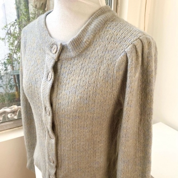 WAYF NWOT Jude Pointelle Puff Shoulder Cropped Heather Blue Gold Cardigan, Sz S - Picture 3 of 10